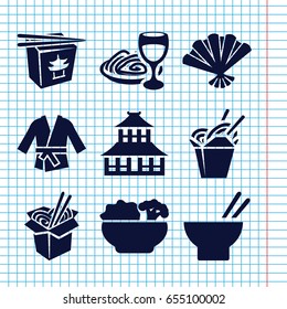 Set of 9 chinese filled icons such as temple, chinese fast food, asian food, pasta and wine glass, fan