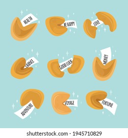 set of 9 chinese fortune cookies. The phrase love, luck, adventure. Objects on a blue background are isolated. Cute biscuits with paper notes inside. Vector illustration. Cartoon style