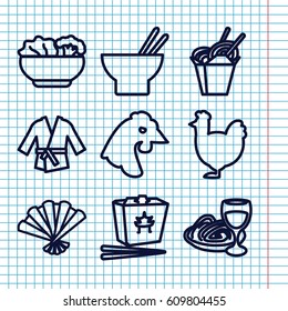 Set of 9 chinese outline icons such as chicken, chinese fast food, asian food, pasta and wine glass, fan, food