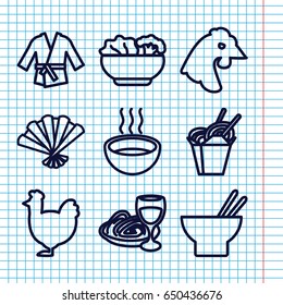 Set of 9 chinese outline icons such as chicken, chinese fast food, asian food, pasta and wine glass, soup, fan, food