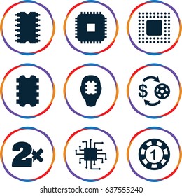 set of 9 chip filled icons such as casino bet, cpu