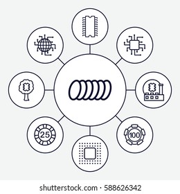 Set of 9 chip outline icons such as 25 casino chip, cookie, CPU in tree, CPU
