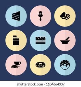 Set of 9 chocolate filled icons such as bowl, donut, coffee and croissant, sweet box, piece of cake, chocolate, ice cream on stick