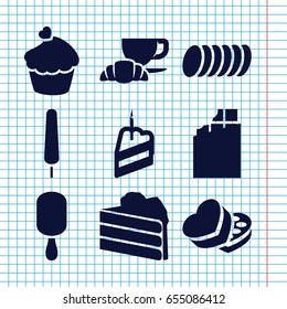 Set of 9 chocolate filled icons such as ice cream on stick, coffee and croissant, muffin, sweet box, piece of cake, cookie, chocolate