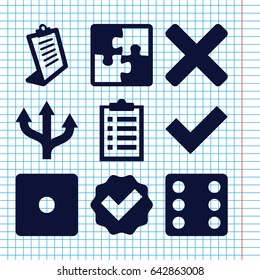 Set of 9 choice filled icons such as dice, clipboard, puzzle, cross, tick, arrow