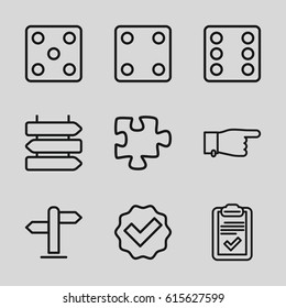 set of 9 choice outline icons such as direction   isolated, Dice, pointing, puzzle, clipboard, direction