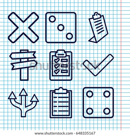 Set of 9 choice outline icons such as dice, clipboard, tick, cross, arrow, checklist