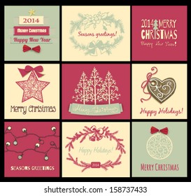 Set of 9 Christmas cards with bows, frames, fir trees, ornaments, star, lights and cookie