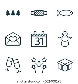 Set Of 9 Christmas Icons. Can Be Used For Web, Mobile, UI And Infographic Design. Includes Elements Such As Box, Cardboard, Firework And More.