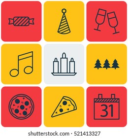 Set Of 9 Christmas Icons. Can Be Used For Web, Mobile, UI And Infographic Design. Includes Elements Such As Sweet, Glasses, Schedule And More.