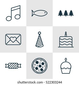 Set Of 9 Christmas Icons. Can Be Used For Web, Mobile, UI And Infographic Design. Includes Elements Such As Tree, Cake, Celebration And More.