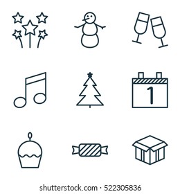 Set Of 9 Christmas Icons. Can Be Used For Web, Mobile, UI And Infographic Design. Includes Elements Such As Glasses, Snowman, Music And More.