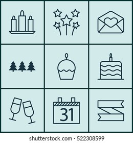 Set Of 9 Christmas Icons. Can Be Used For Web, Mobile, UI And Infographic Design. Includes Elements Such As Schedule, Birthday, Clink And More.