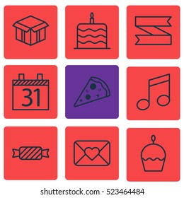 Set Of 9 Christmas Icons. Can Be Used For Web, Mobile, UI And Infographic Design. Includes Elements Such As Celebrate, Banner, Cardboard And More.