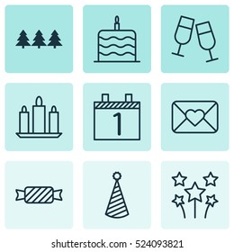Set Of 9 Christmas Icons. Can Be Used For Web, Mobile, UI And Infographic Design. Includes Elements Such As Celebrate, Xmas, Celebrating And More.