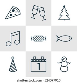 Set Of 9 Christmas Icons. Can Be Used For Web, Mobile, UI And Infographic Design. Includes Elements Such As Month, Fish, Snowman And More.