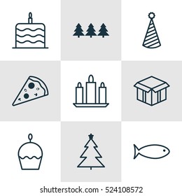 Set Of 9 Christmas Icons. Can Be Used For Web, Mobile, UI And Infographic Design. Includes Elements Such As Celebrate, Flame, Tree And More.