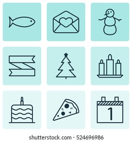 Set Of 9 Christmas Icons. Can Be Used For Web, Mobile, UI And Infographic Design. Includes Elements Such As Email, Celebrate, Flame And More.