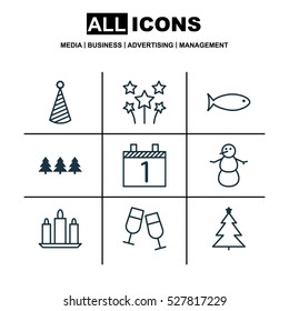 Set Of 9 Christmas Icons. Can Be Used For Web, Mobile, UI And Infographic Design. Includes Elements Such As Festive Fireworks, Holiday Ornament, Wax And More.