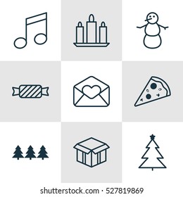 Set Of 9 Christmas Icons. Can Be Used For Web, Mobile, UI And Infographic Design. Includes Elements Such As Greeting Email, Sweet, Holiday Ornament And More.