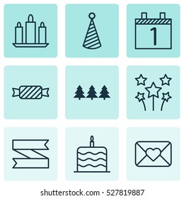 Set Of 9 Christmas Icons. Can Be Used For Web, Mobile, UI And Infographic Design. Includes Elements Such As Blank Ribbon, Festive Fireworks, Sweet And More.