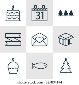 Set Of 9 Christmas Icons. Can Be Used For Web, Mobile, UI And Infographic Design. Includes Elements Such As Date, Decorated Tree, Celebration Cake And More.