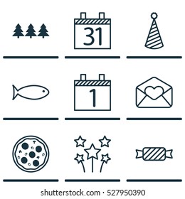 Set Of 9 Christmas Icons. Can Be Used For Web, Mobile, UI And Infographic Design. Includes Elements Such As Agenda, Holiday Ornament, Sweet And More.