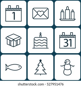 Set Of 9 Christmas Icons. Can Be Used For Web, Mobile, UI And Infographic Design. Includes Elements Such As Fishing, Agenda, Wax And More.