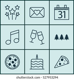 Set Of 9 Christmas Icons. Can Be Used For Web, Mobile, UI And Infographic Design. Includes Elements Such As Celebration Letter, Celebration Cake, Festive Fireworks And More.