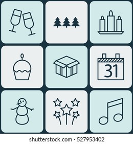 Set Of 9 Christmas Icons. Can Be Used For Web, Mobile, UI And Infographic Design. Includes Elements Such As Winter, Crotchets, Champagne Glasses And More.