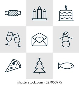 Set Of 9 Christmas Icons. Can Be Used For Web, Mobile, UI And Infographic Design. Includes Elements Such As Winter, Wax, Decorated Tree And More.