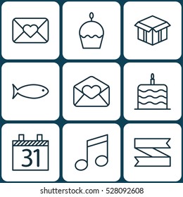 Set Of 9 Christmas Icons. Can Be Used For Web, Mobile, UI And Infographic Design. Includes Elements Such As Celebration Cake, Birthday Cake, Open Cardboard And More.