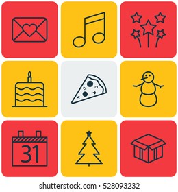 Set Of 9 Christmas Icons. Can Be Used For Web, Mobile, UI And Infographic Design. Includes Elements Such As Decorated Tree, Celebration Letter, Date And More.