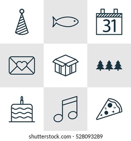 Set Of 9 Christmas Icons. Can Be Used For Web, Mobile, UI And Infographic Design. Includes Elements Such As Fishing, Crotchets, Celebration Cake And More.