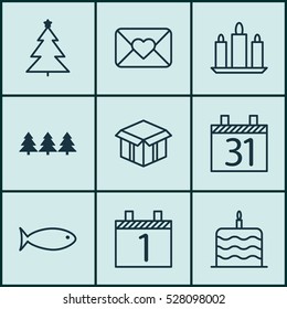 Set Of 9 Christmas Icons. Can Be Used For Web, Mobile, UI And Infographic Design. Includes Elements Such As Wax, Date, Holiday Ornament And More.