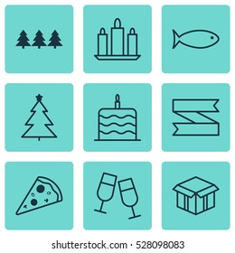 Set Of 9 Christmas Icons. Can Be Used For Web, Mobile, UI And Infographic Design. Includes Elements Such As Open Cardboard, Holiday Ornament, Wax And More.