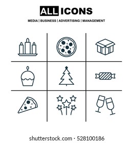 Set Of 9 Christmas Icons. Can Be Used For Web, Mobile, UI And Infographic Design. Includes Elements Such As Pizza Meal, Wax, Birthday Cake And More.