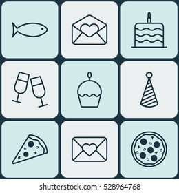 Set Of 9 Christmas Icons. Can Be Used For Web, Mobile, UI And Infographic Design. Includes Elements Such As Sliced Pizza, Celebration Letter, Fishing And More.