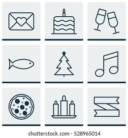 Set Of 9 Christmas Icons. Can Be Used For Web, Mobile, UI And Infographic Design. Includes Elements Such As Celebration Cake, Blank Ribbon, Celebration Letter And More.