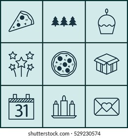 Set Of 9 Christmas Icons. Can Be Used For Web, Mobile, UI And Infographic Design. Includes Elements Such As Holiday Ornament, Birthday Cake, Date And More.