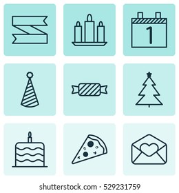 Set Of 9 Christmas Icons. Can Be Used For Web, Mobile, UI And Infographic Design. Includes Elements Such As Celebration Cake, Birthday Hat, Decorated Tree And More.