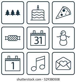 Set Of 9 Christmas Icons. Can Be Used For Web, Mobile, UI And Infographic Design. Includes Elements Such As Sliced Pizza, Celebration Cake, Greeting Email And More.