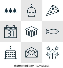 Set Of 9 Christmas Icons. Can Be Used For Web, Mobile, UI And Infographic Design. Includes Elements Such As Fishing, Festive Fireworks, Open Cardboard And More.