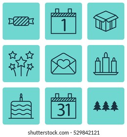 Set Of 9 Christmas Icons. Can Be Used For Web, Mobile, UI And Infographic Design. Includes Elements Such As Celebration Cake, Date, Greeting Email And More.