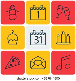 Set Of 9 Christmas Icons. Can Be Used For Web, Mobile, UI And Infographic Design. Includes Elements Such As Winter, Greeting Email, Crotchets And More.