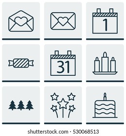 Set Of 9 Christmas Icons. Can Be Used For Web, Mobile, UI And Infographic Design. Includes Elements Such As Sweet, Wax, Date And More.