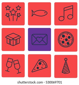 Set Of 9 Christmas Icons. Can Be Used For Web, Mobile, UI And Infographic Design. Includes Elements Such As Birthday Hat, Champagne Glasses, Fishing And More.