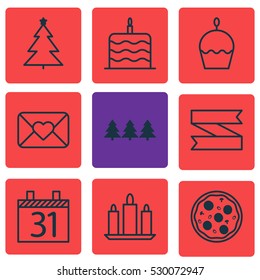 Set Of 9 Christmas Icons. Can Be Used For Web, Mobile, UI And Infographic Design. Includes Elements Such As Wax, Holiday Ornament, Decorated Tree And More.