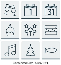 Set Of 9 Christmas Icons. Can Be Used For Web, Mobile, UI And Infographic Design. Includes Elements Such As Champagne Glasses, Fishing, Blank Ribbon And More.