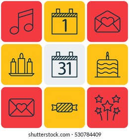 Set Of 9 Christmas Icons. Can Be Used For Web, Mobile, UI And Infographic Design. Includes Elements Such As Wax, Celebration Cake, Date And More.